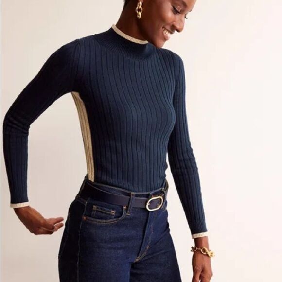 Boden | Isodora Ribbed Long Sleeve Sweater in Navy Gold Shimmer | S - Picture 4 of 7